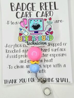 Hand Crafted Ultrasound Technician Badge Reel - Pink, Blue, Yellow